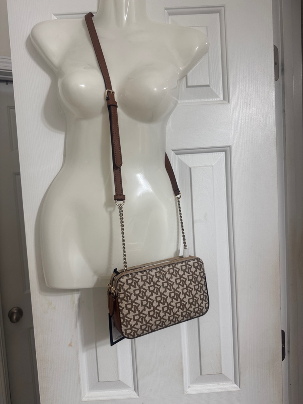 DKNY Beige/Brown Monogram Crossbody Camera Bag with Chain Strap